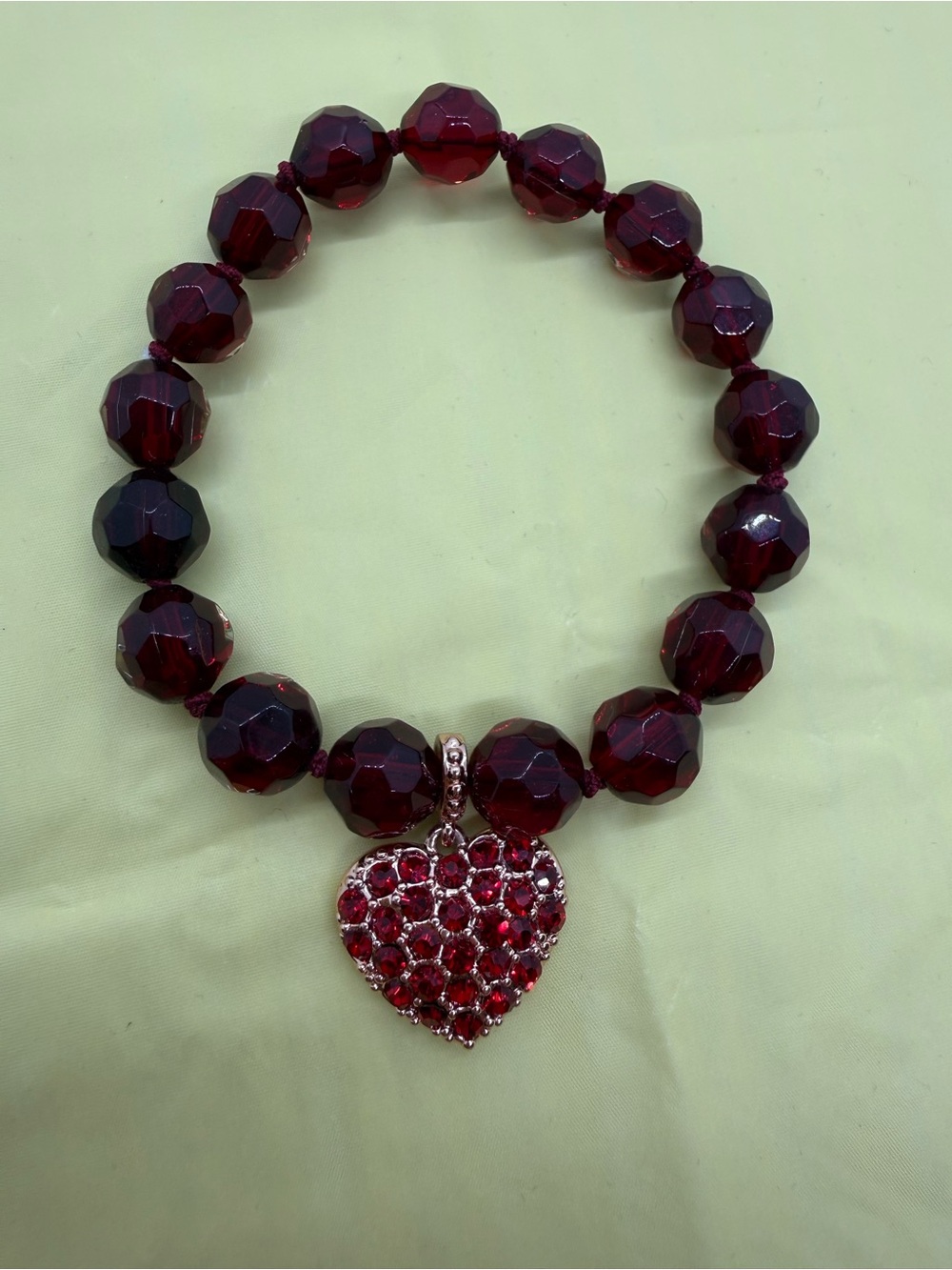 Monet Red Faceted Bead Reversible Rhinestone Heart Charm Bracelet